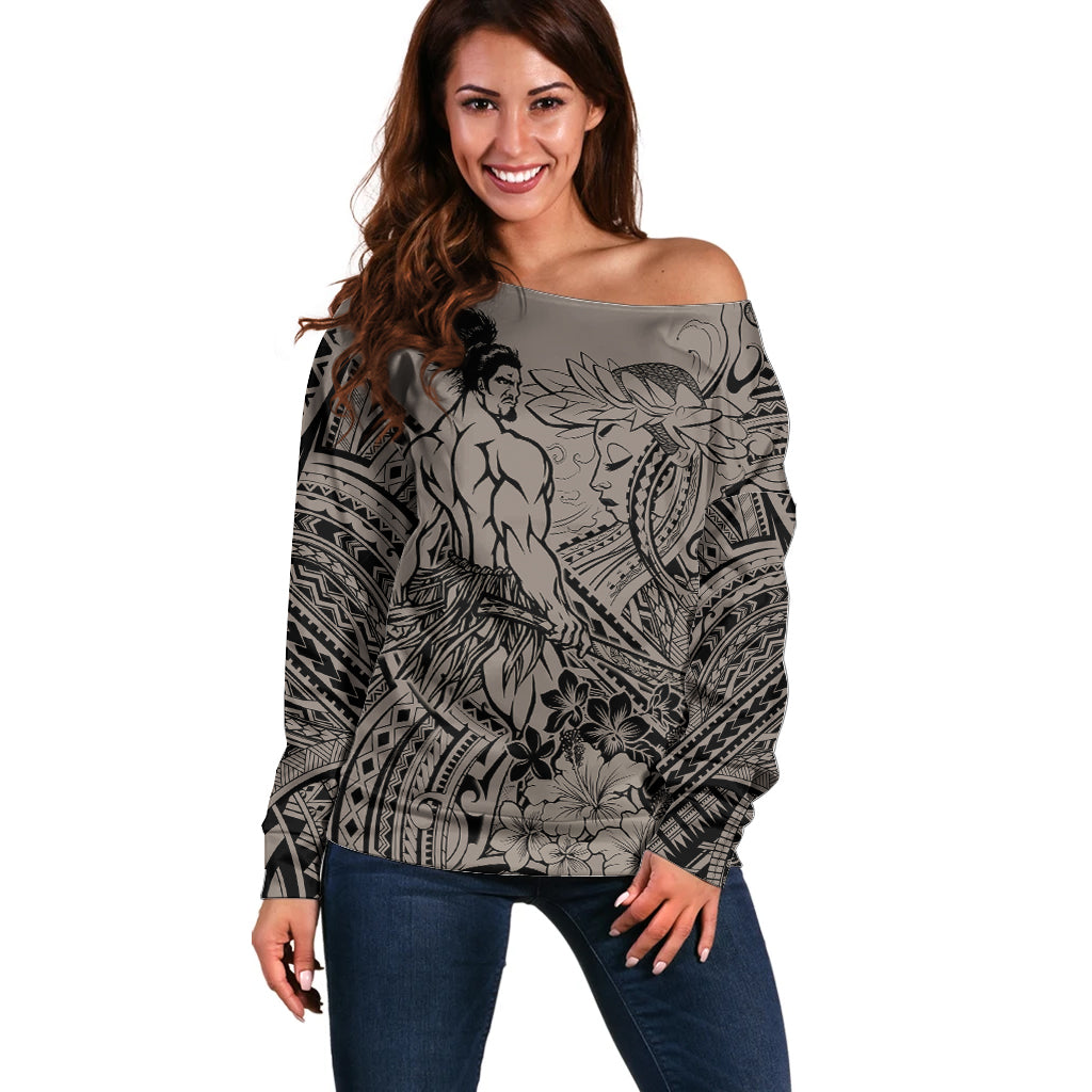 Beauty and The Warrior Polynesian Valentine Off Shoulder Sweater Hibiscus FLowers Brown Style LT9 Women Brown - Polynesian Pride