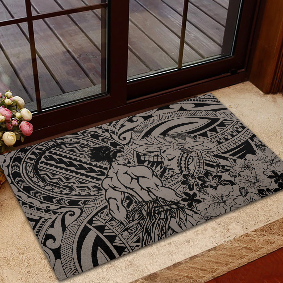 Beauty and The Warrior Polynesian Valentine Rubber Doormat Hibiscus FLowers Brown Style LT9 - Polynesian Pride