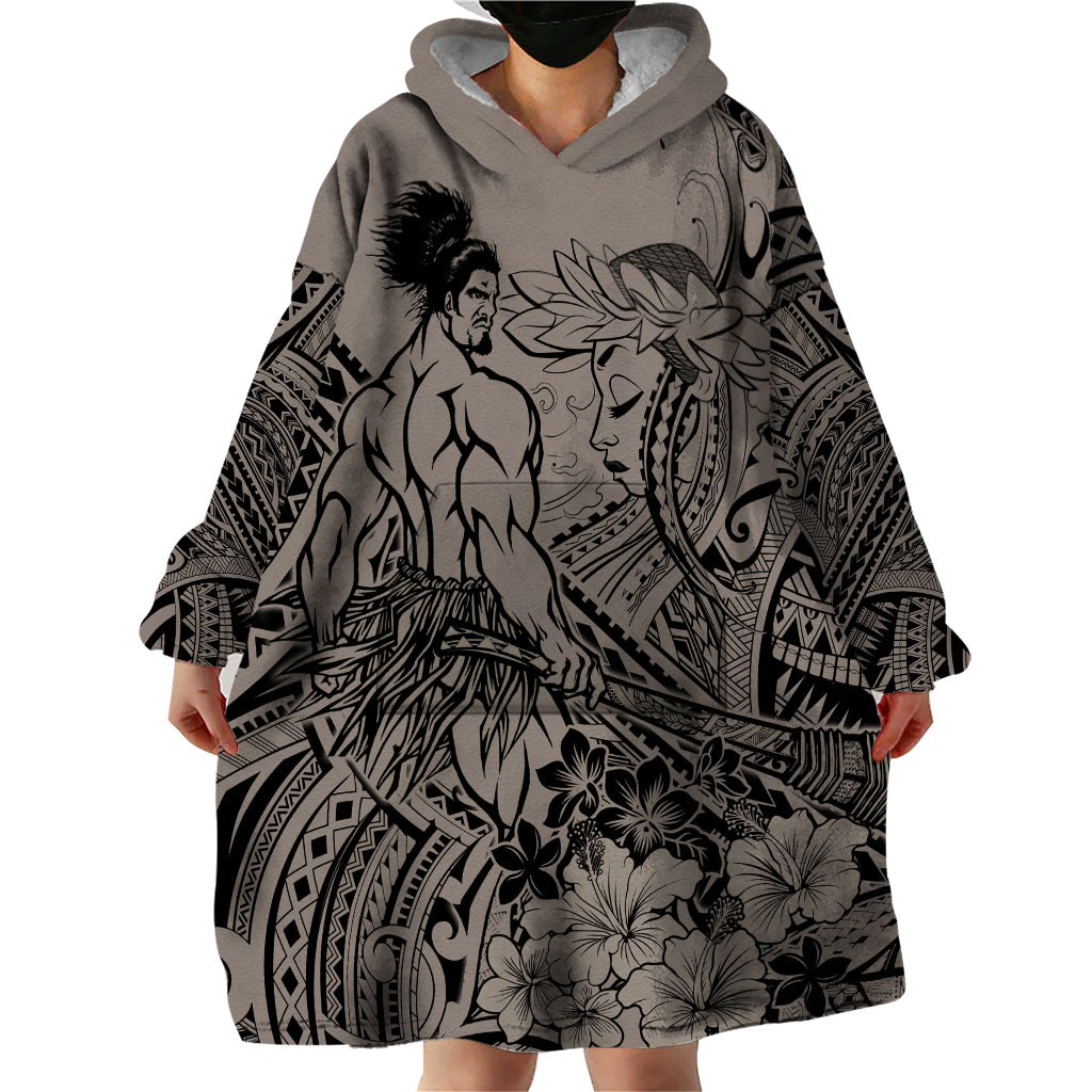 Beauty and The Warrior Polynesian Valentine Wearable Blanket Hoodie Hibiscus FLowers Brown Style LT9 - Polynesian Pride