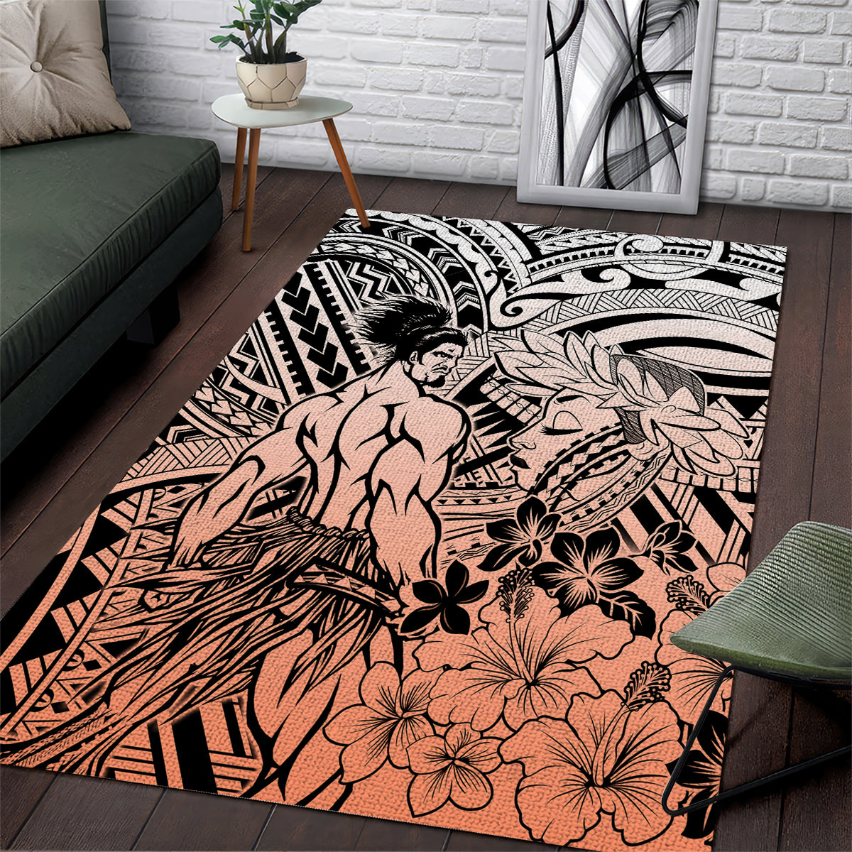 Beauty and The Warrior Polynesian Valentine Area Rug Hibiscus FLowers Orange Style LT9 Orange - Polynesian Pride