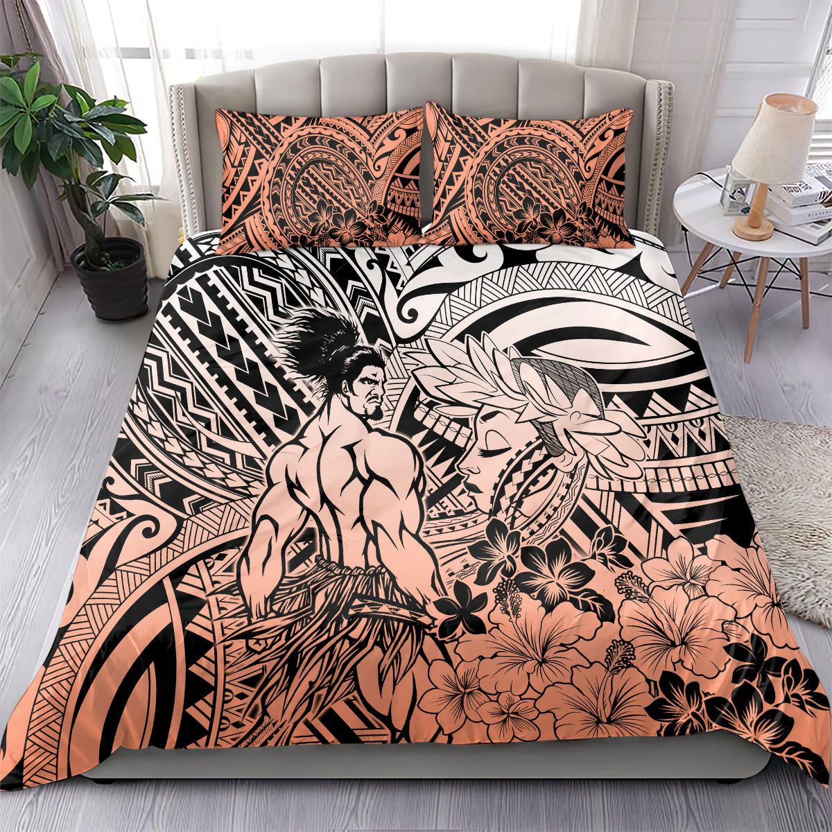 Beauty and The Warrior Polynesian Valentine Bedding Set Hibiscus FLowers Orange Style LT9 - Polynesian Pride