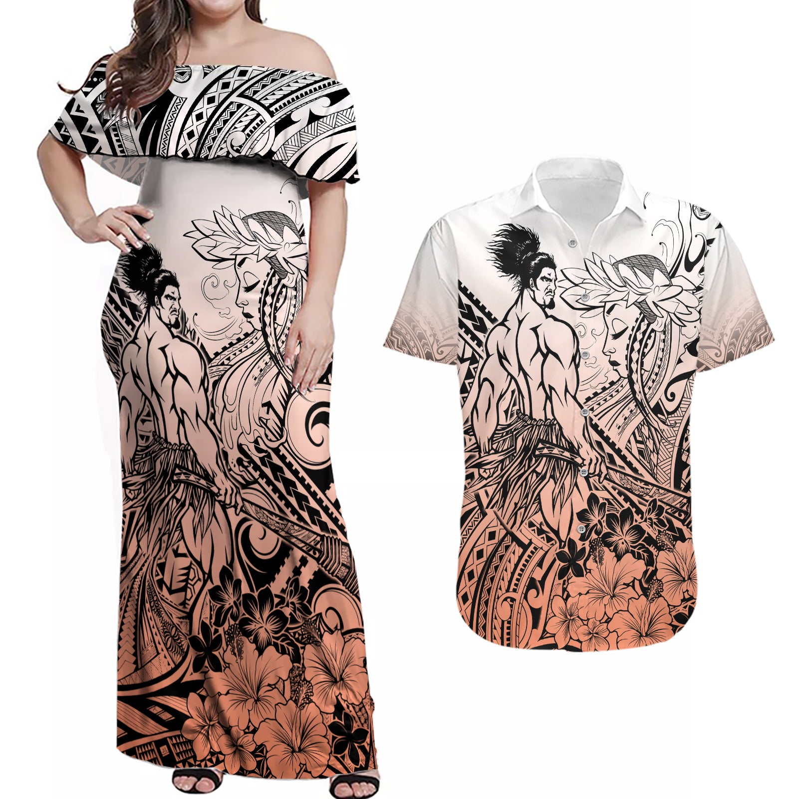 Beauty and The Warrior Polynesian Valentine Couples Matching Off Shoulder Maxi Dress and Hawaiian Shirt Hibiscus FLowers Orange Style LT9 Orange - Polynesian Pride