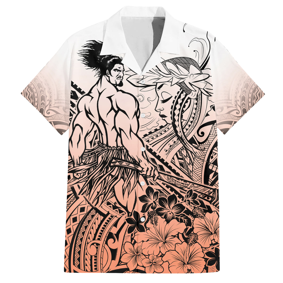 Beauty and The Warrior Polynesian Valentine Family Matching Short Sleeve Bodycon Dress and Hawaiian Shirt Hibiscus FLowers Orange Style LT9 Dad's Shirt - Short Sleeve Orange - Polynesian Pride