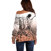 Beauty and The Warrior Polynesian Valentine Off Shoulder Sweater Hibiscus FLowers Orange Style LT9 - Polynesian Pride