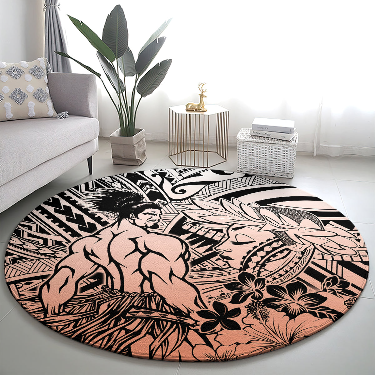Beauty and The Warrior Polynesian Valentine Round Carpet Hibiscus FLowers Orange Style LT9 - Polynesian Pride