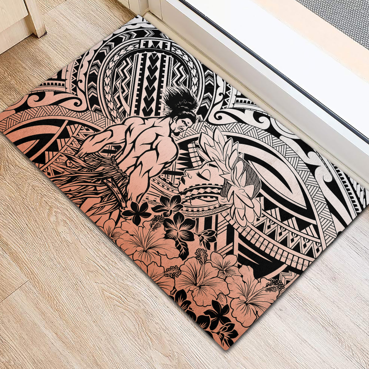 Beauty and The Warrior Polynesian Valentine Rubber Doormat Hibiscus FLowers Orange Style LT9 - Polynesian Pride