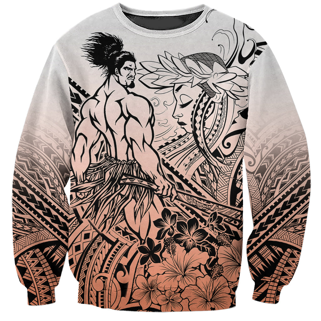 Beauty and The Warrior Polynesian Valentine Sweatshirt Hibiscus FLowers Orange Style LT9 Unisex Orange - Polynesian Pride