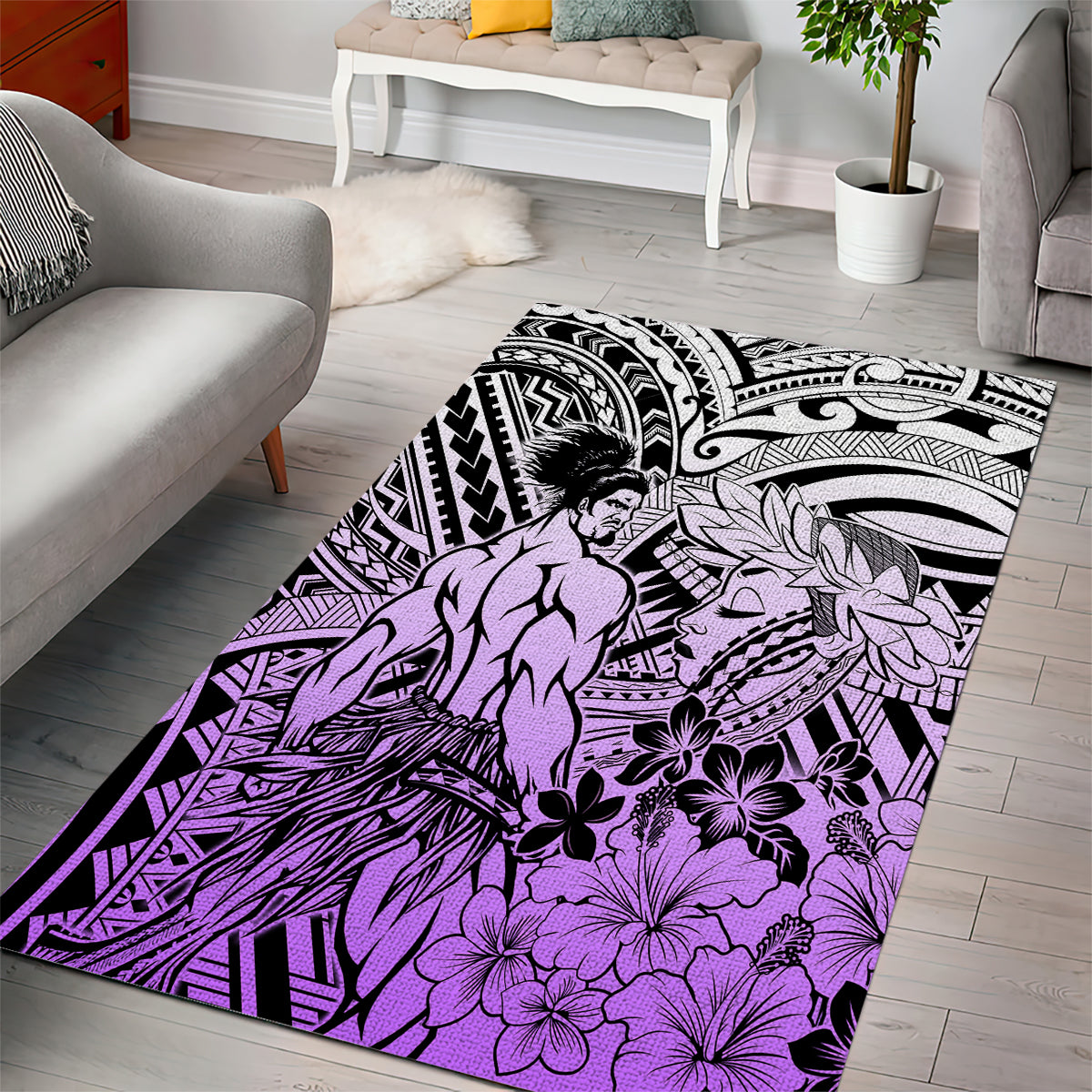 Beauty and The Warrior Polynesian Valentine Area Rug Hibiscus FLowers Purple Style LT9 - Polynesian Pride
