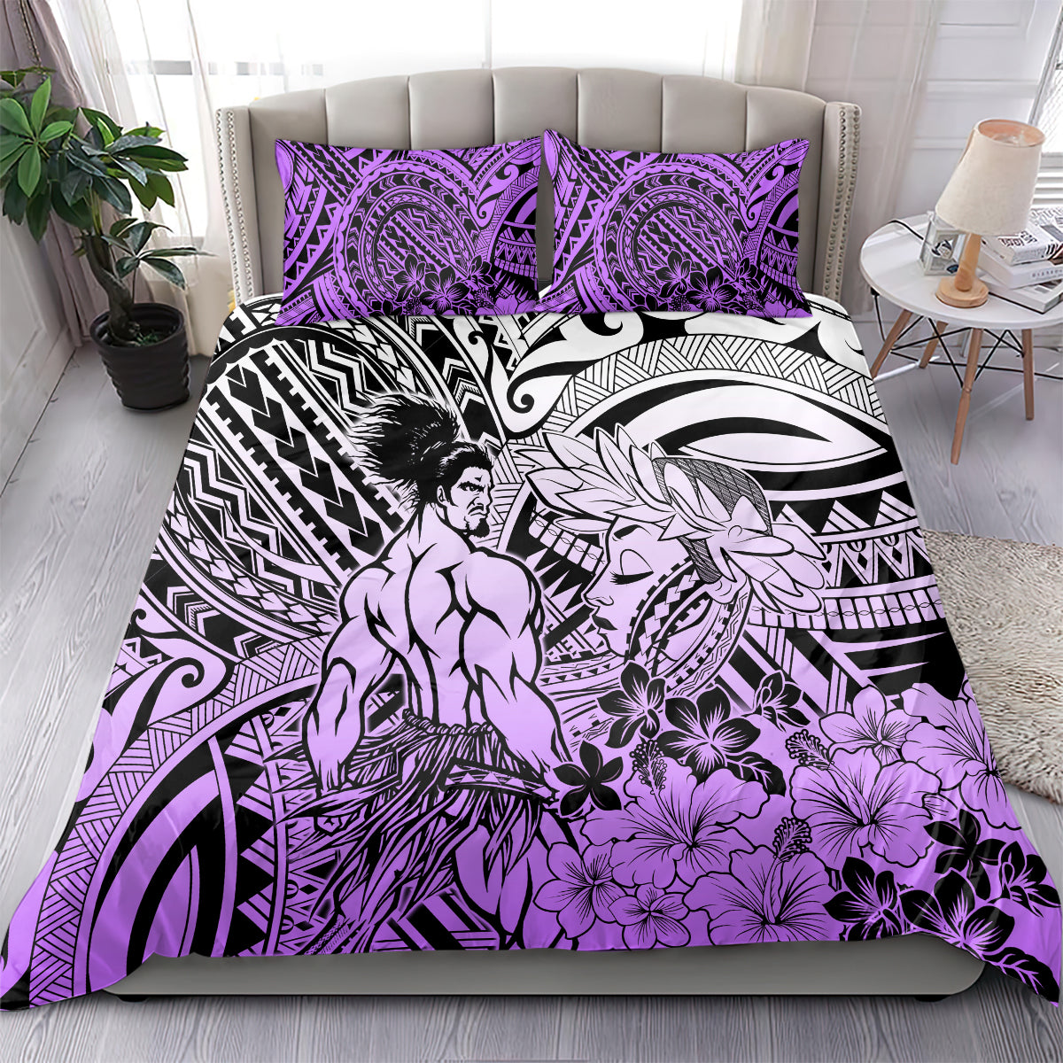 Beauty and The Warrior Polynesian Valentine Bedding Set Hibiscus FLowers Purple Style LT9 - Polynesian Pride