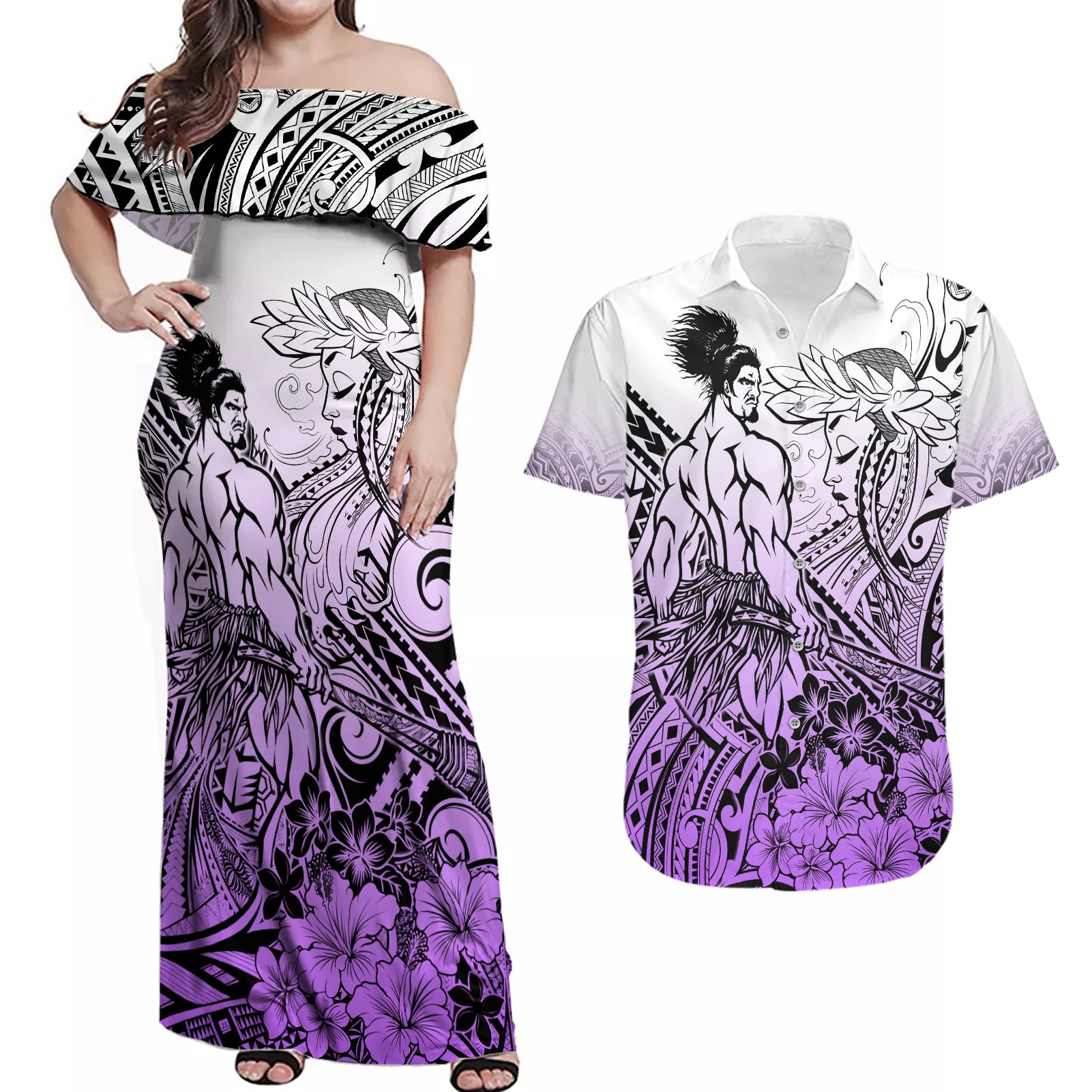 Beauty and The Warrior Polynesian Valentine Couples Matching Off Shoulder Maxi Dress and Hawaiian Shirt Hibiscus FLowers Purple Style LT9 Purple - Polynesian Pride