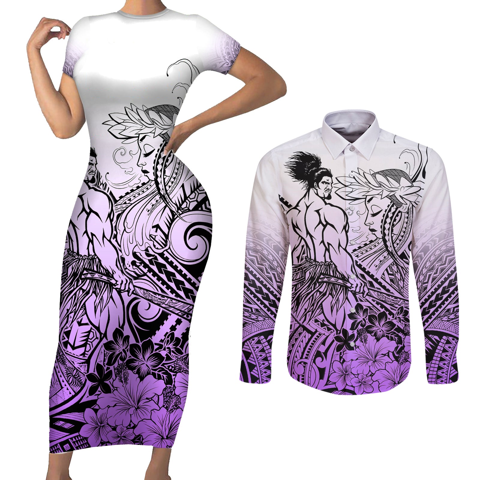 Beauty and The Warrior Polynesian Valentine Couples Matching Short Sleeve Bodycon Dress and Long Sleeve Button Shirt Hibiscus FLowers Purple Style LT9 Purple - Polynesian Pride