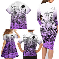 Beauty and The Warrior Polynesian Valentine Family Matching Long Sleeve Bodycon Dress and Hawaiian Shirt Hibiscus FLowers Purple Style LT9 - Polynesian Pride