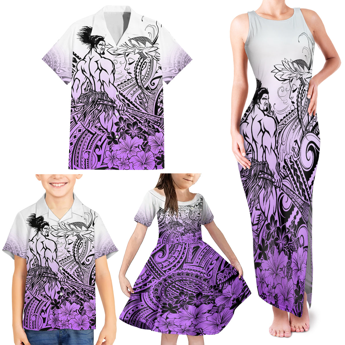 Beauty and The Warrior Polynesian Valentine Family Matching Tank Maxi Dress and Hawaiian Shirt Hibiscus FLowers Purple Style LT9 - Polynesian Pride