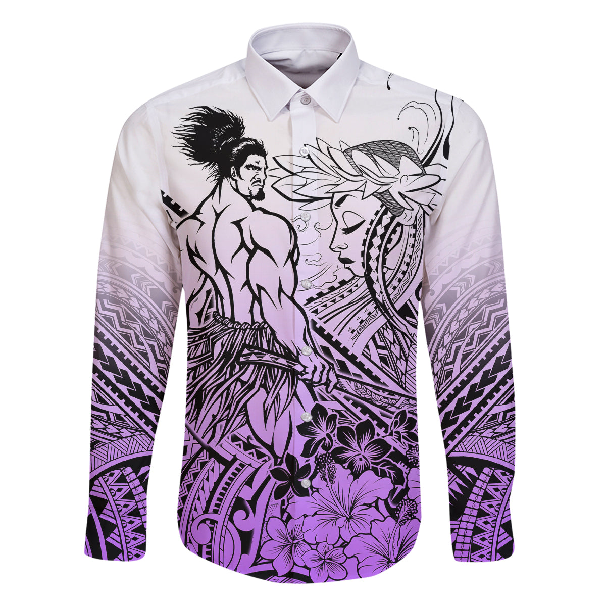 Beauty and The Warrior Polynesian Valentine Family Matching Tank Maxi Dress and Hawaiian Shirt Hibiscus FLowers Purple Style LT9 Dad's Shirt - Long Sleeve Purple - Polynesian Pride