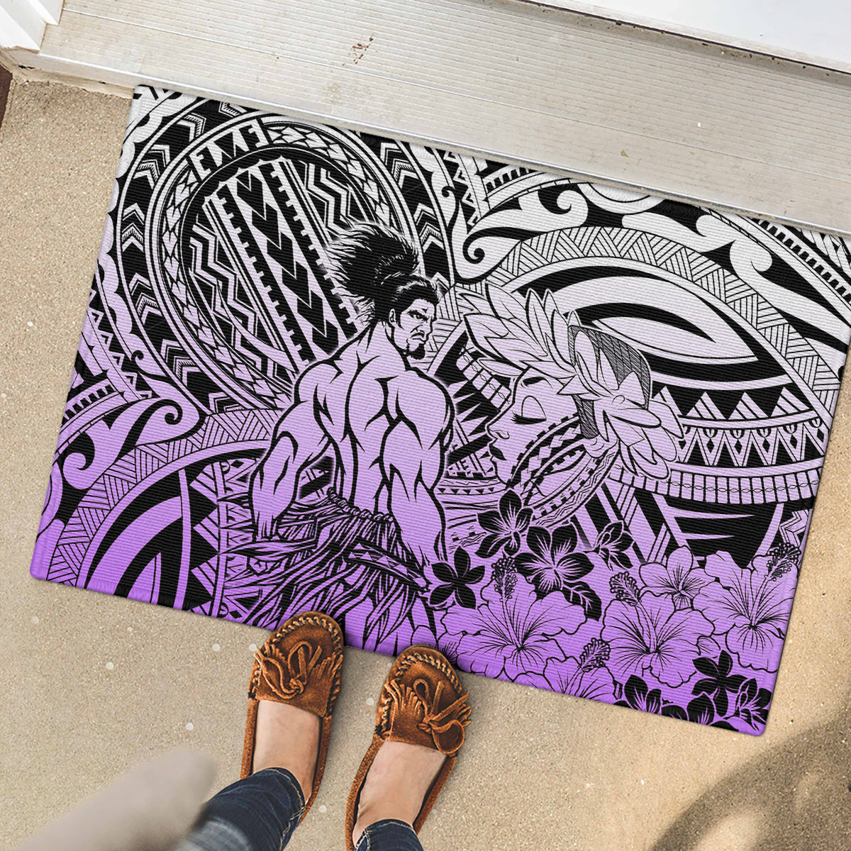 Beauty and The Warrior Polynesian Valentine Rubber Doormat Hibiscus FLowers Purple Style LT9 - Polynesian Pride