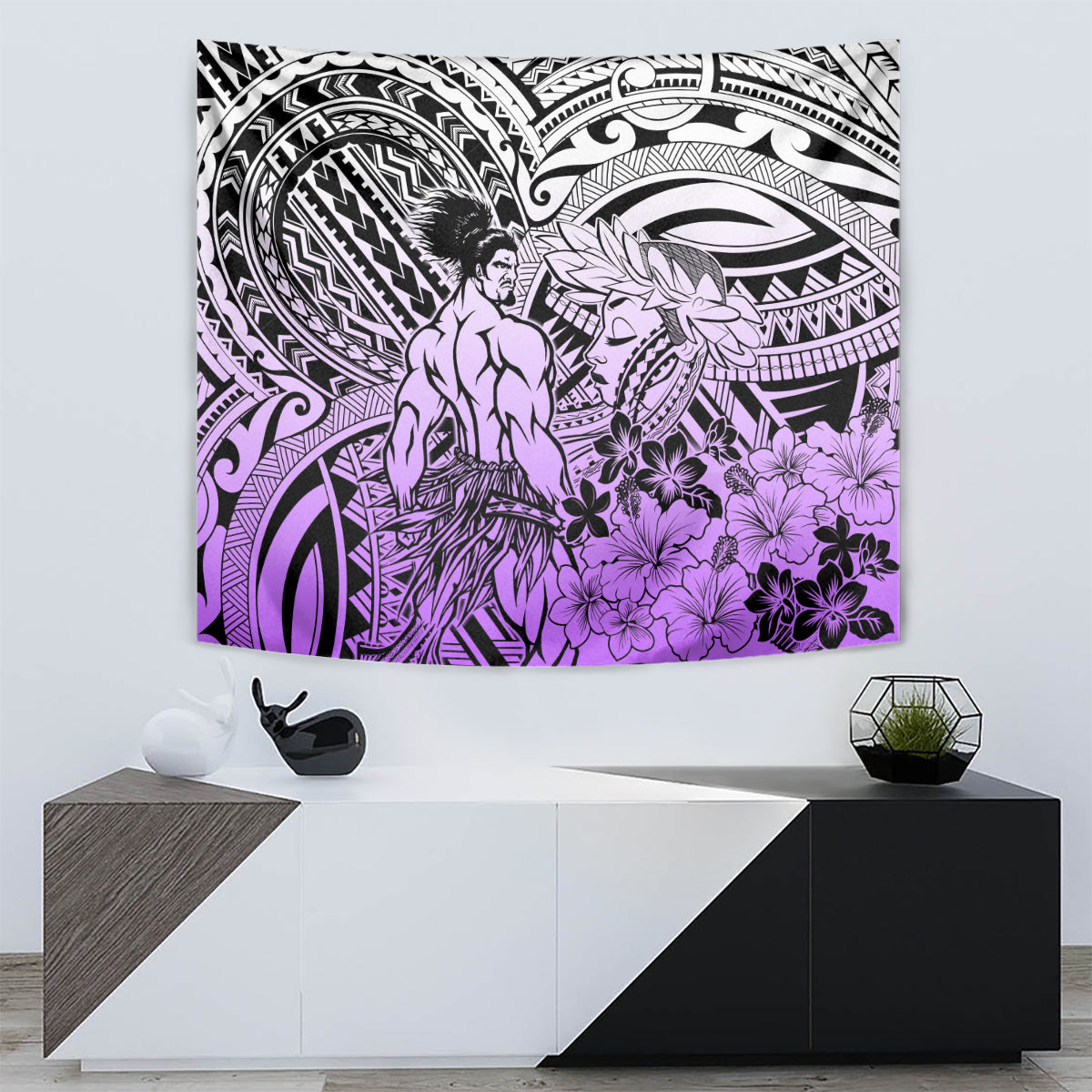 Beauty and The Warrior Polynesian Valentine Tapestry Hibiscus FLowers Purple Style LT9 - Polynesian Pride