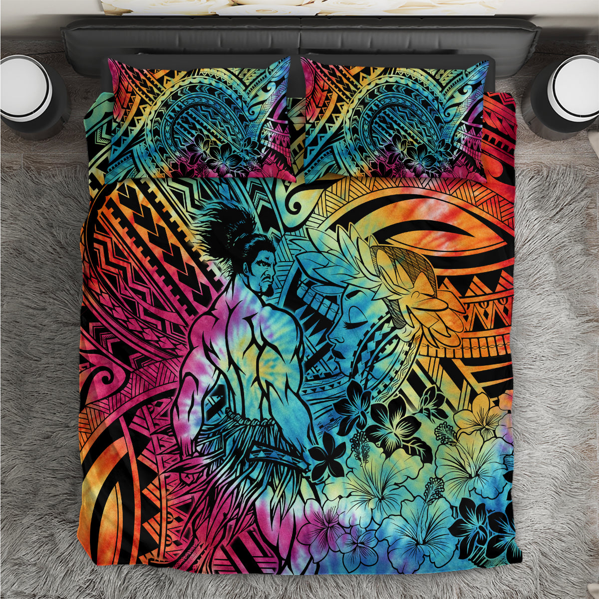 Beauty and The Warrior Polynesian Valentine Bedding Set Hibiscus FLowers Rainbow Style LT9 Rainbow - Polynesian Pride