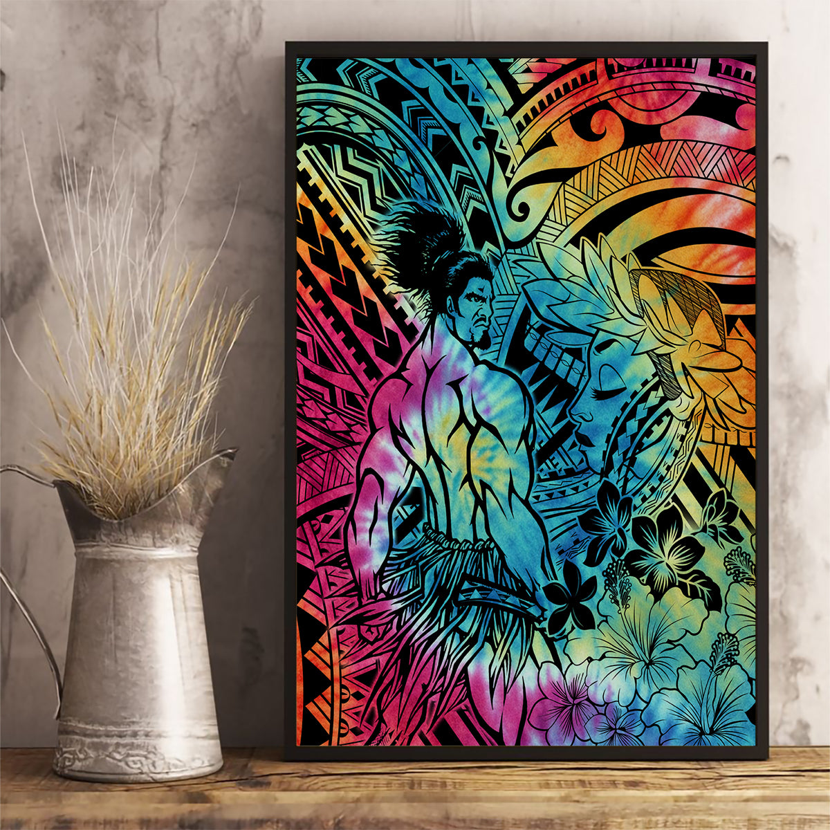 Beauty and The Warrior Polynesian Valentine Canvas Wall Art Hibiscus FLowers Rainbow Style LT9 - Polynesian Pride