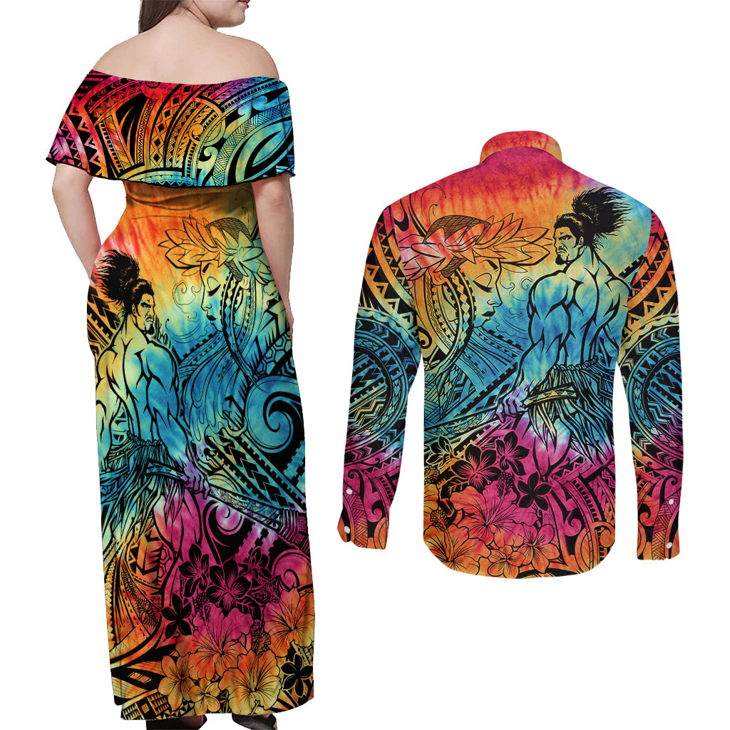 Beauty and The Warrior Polynesian Valentine Couples Matching Off Shoulder Maxi Dress and Long Sleeve Button Shirt Hibiscus FLowers Rainbow Style LT9 - Polynesian Pride