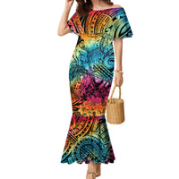 Beauty and The Warrior Polynesian Valentine Family Matching Mermaid Dress and Hawaiian Shirt Hibiscus FLowers Rainbow Style LT9 Mom's Dress Rainbow - Polynesian Pride