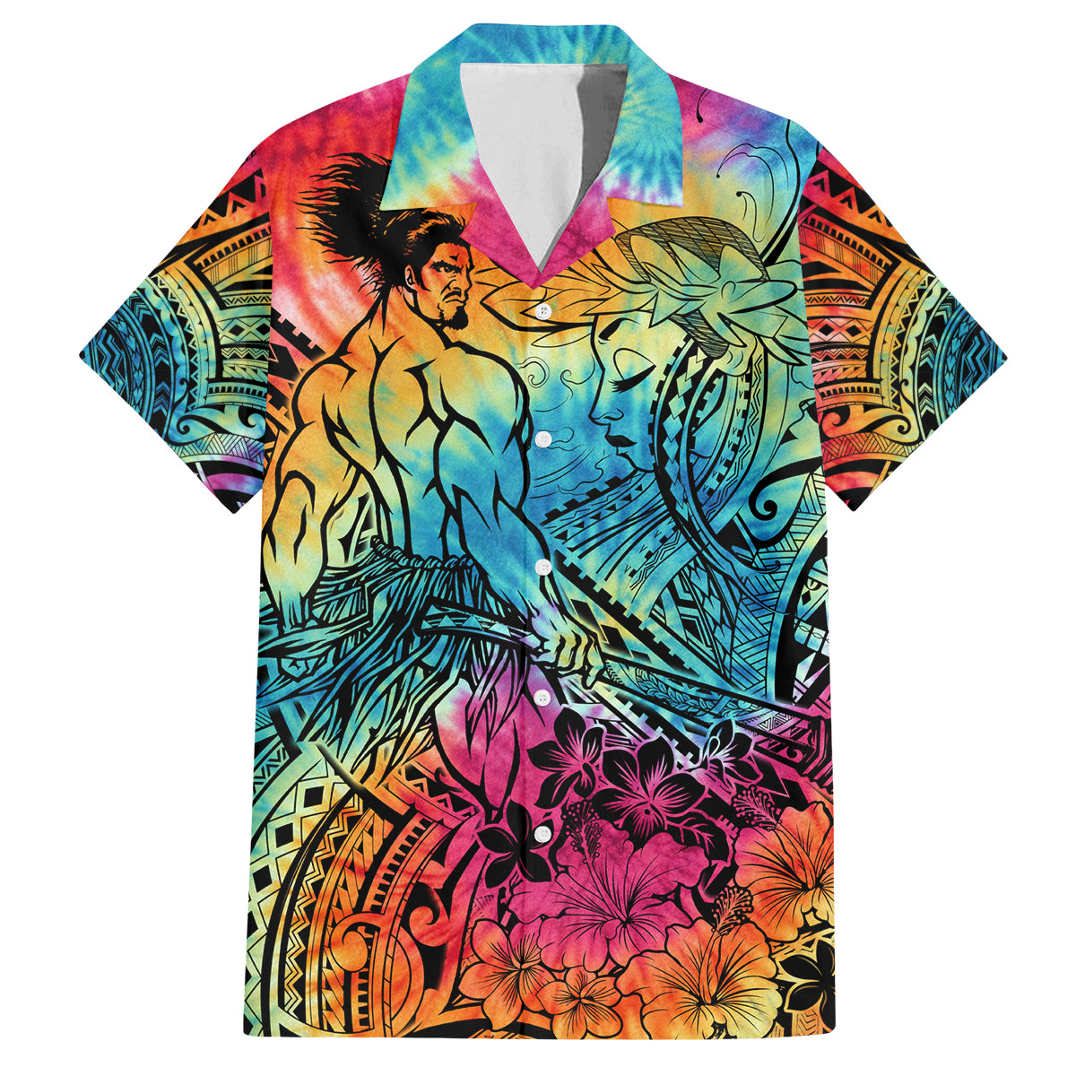 Beauty and The Warrior Polynesian Valentine Family Matching Puletasi Dress and Hawaiian Shirt Hibiscus FLowers Rainbow Style LT9 Dad's Shirt - Short Sleeve Rainbow - Polynesian Pride