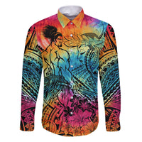 Beauty and The Warrior Polynesian Valentine Family Matching Puletasi Dress and Hawaiian Shirt Hibiscus FLowers Rainbow Style LT9 Dad's Shirt - Long Sleeve Rainbow - Polynesian Pride