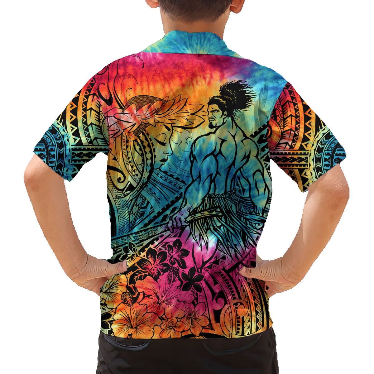 Beauty and The Warrior Polynesian Valentine Kid Hawaiian Shirt Hibiscus FLowers Rainbow Style LT9 - Polynesian Pride