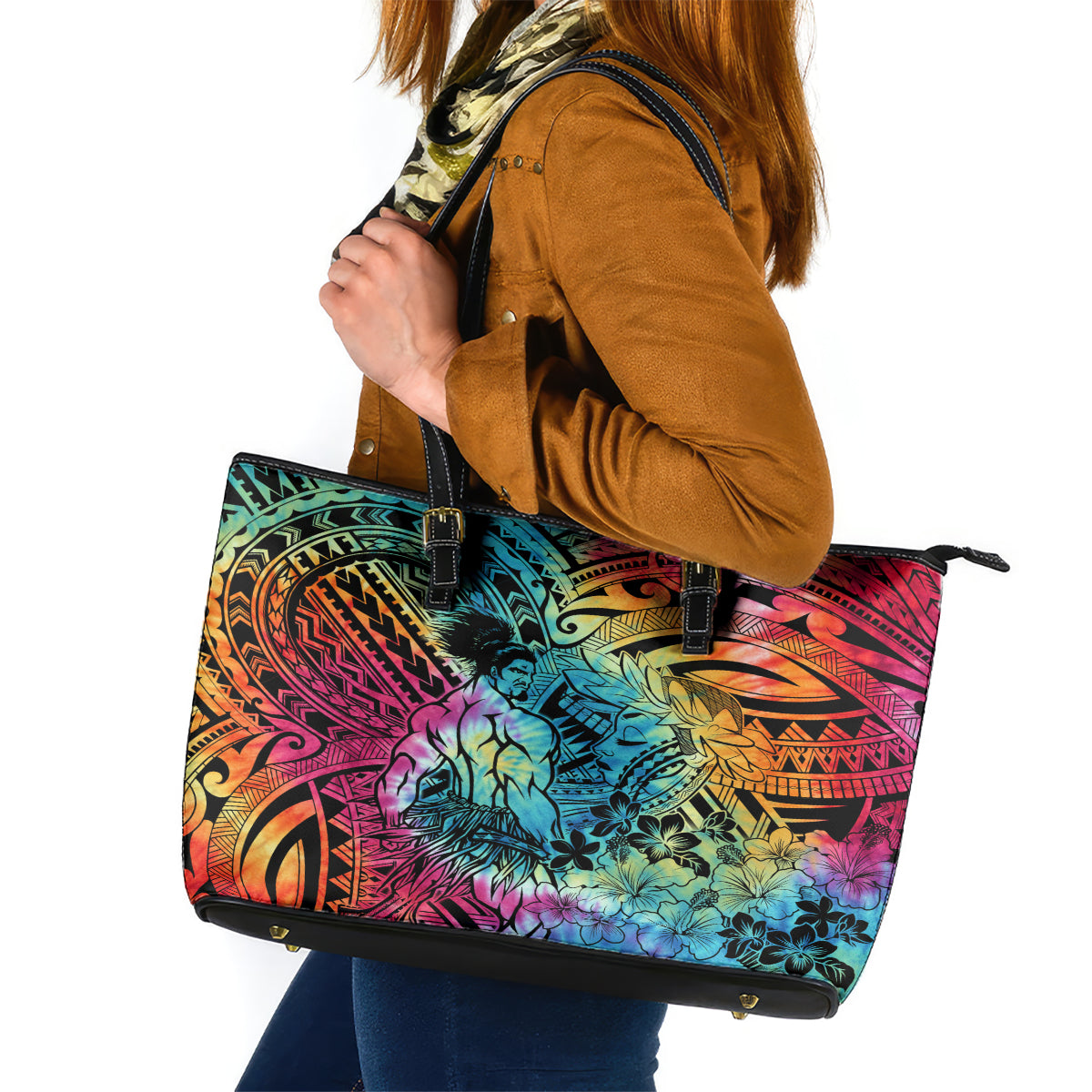 Beauty and The Warrior Polynesian Valentine Leather Tote Bag Hibiscus FLowers Rainbow Style LT9 Rainbow - Polynesian Pride