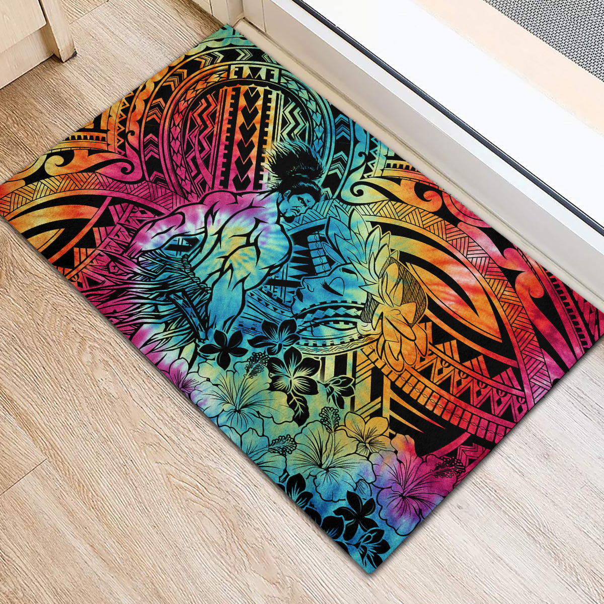 Beauty and The Warrior Polynesian Valentine Rubber Doormat Hibiscus FLowers Rainbow Style LT9 - Polynesian Pride
