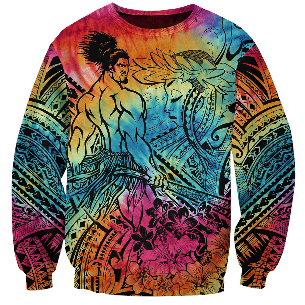 Beauty and The Warrior Polynesian Valentine Sweatshirt Hibiscus FLowers Rainbow Style LT9 Unisex Rainbow - Polynesian Pride