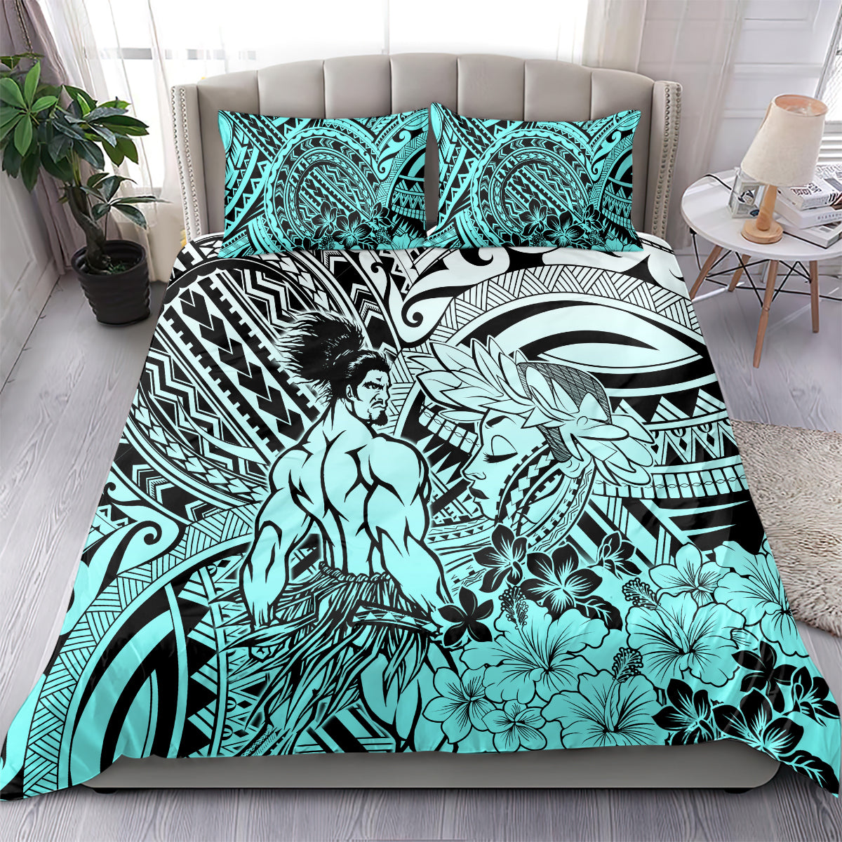 Beauty and The Warrior Polynesian Valentine Bedding Set Hibiscus FLowers Turquoise Style LT9 - Polynesian Pride