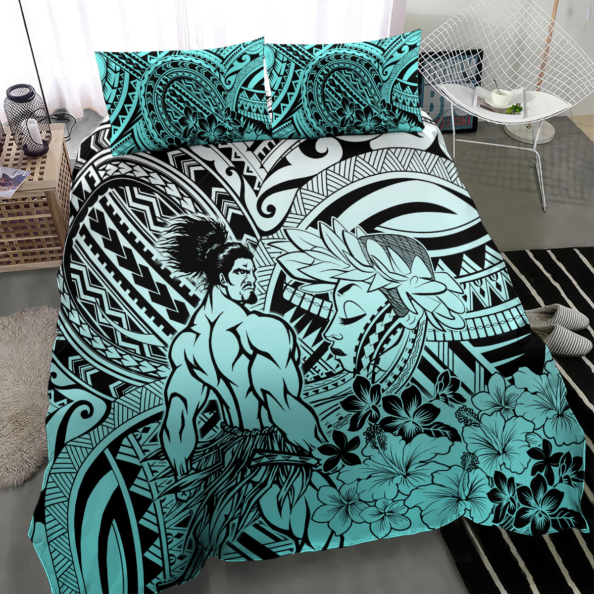 Beauty and The Warrior Polynesian Valentine Bedding Set Hibiscus FLowers Turquoise Style LT9 - Polynesian Pride