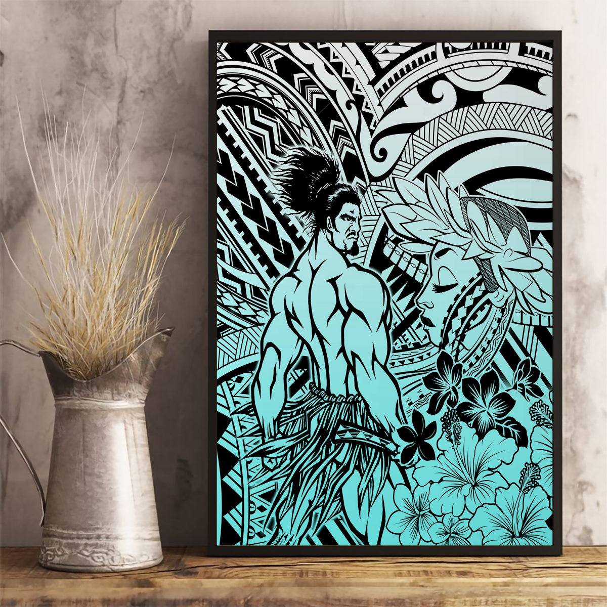 Beauty and The Warrior Polynesian Valentine Canvas Wall Art Hibiscus FLowers Turquoise Style LT9 - Polynesian Pride