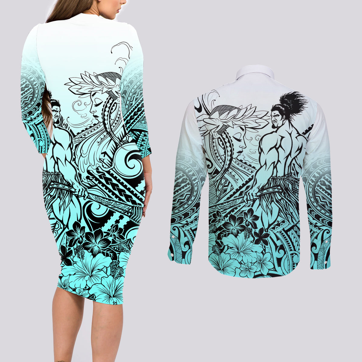 Beauty and The Warrior Polynesian Valentine Couples Matching Long Sleeve Bodycon Dress and Long Sleeve Button Shirt Hibiscus FLowers Turquoise Style LT9 - Polynesian Pride