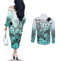 Beauty and The Warrior Polynesian Valentine Couples Matching Off The Shoulder Long Sleeve Dress and Long Sleeve Button Shirt Hibiscus FLowers Turquoise Style LT9 - Polynesian Pride