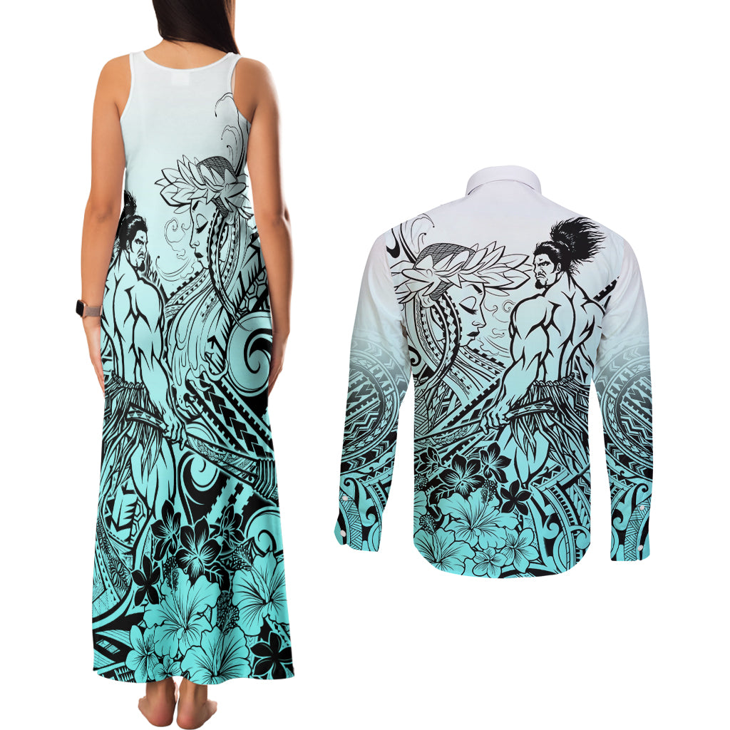 Beauty and The Warrior Polynesian Valentine Couples Matching Tank Maxi Dress and Long Sleeve Button Shirt Hibiscus FLowers Turquoise Style LT9 - Polynesian Pride