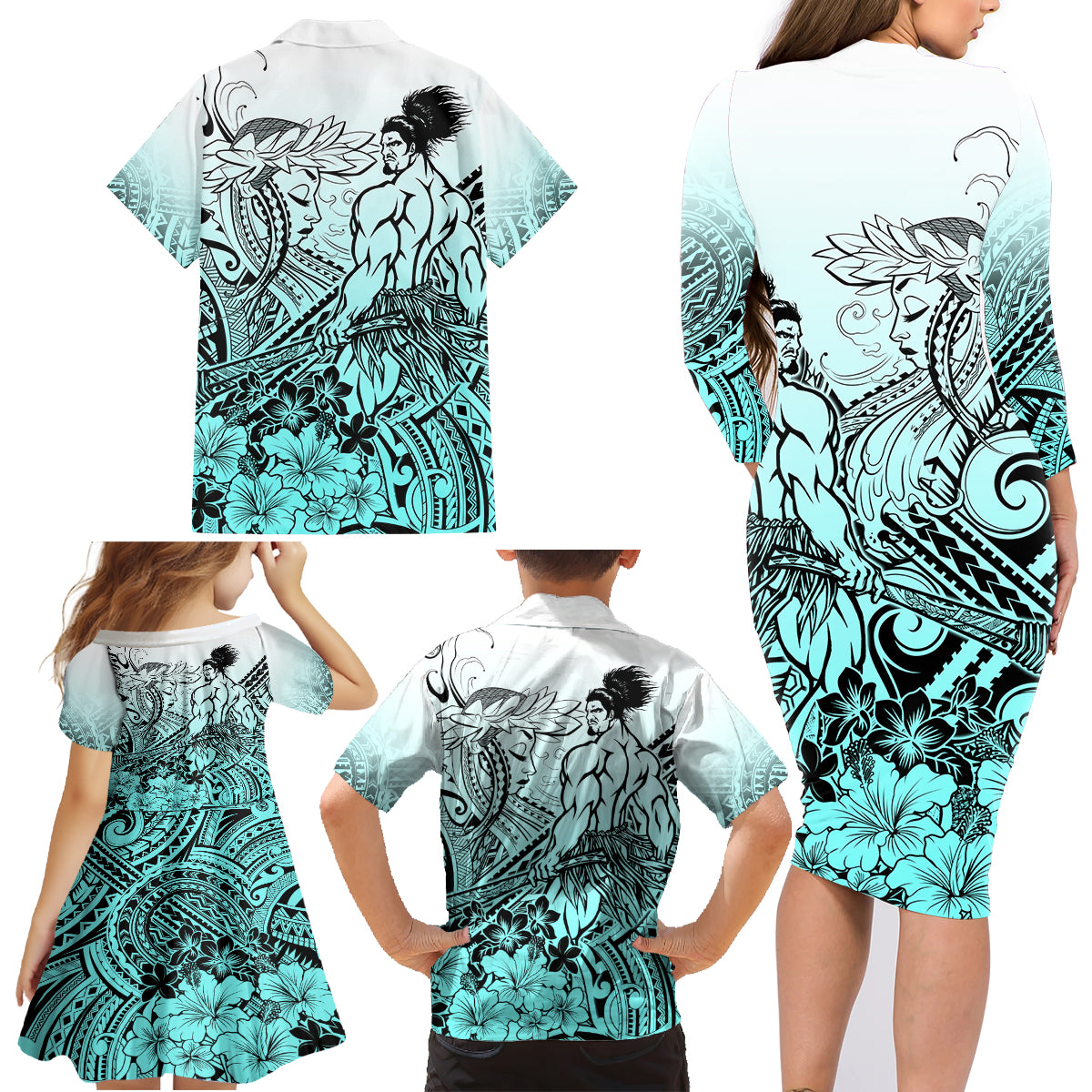 Beauty and The Warrior Polynesian Valentine Family Matching Long Sleeve Bodycon Dress and Hawaiian Shirt Hibiscus FLowers Turquoise Style LT9 - Polynesian Pride