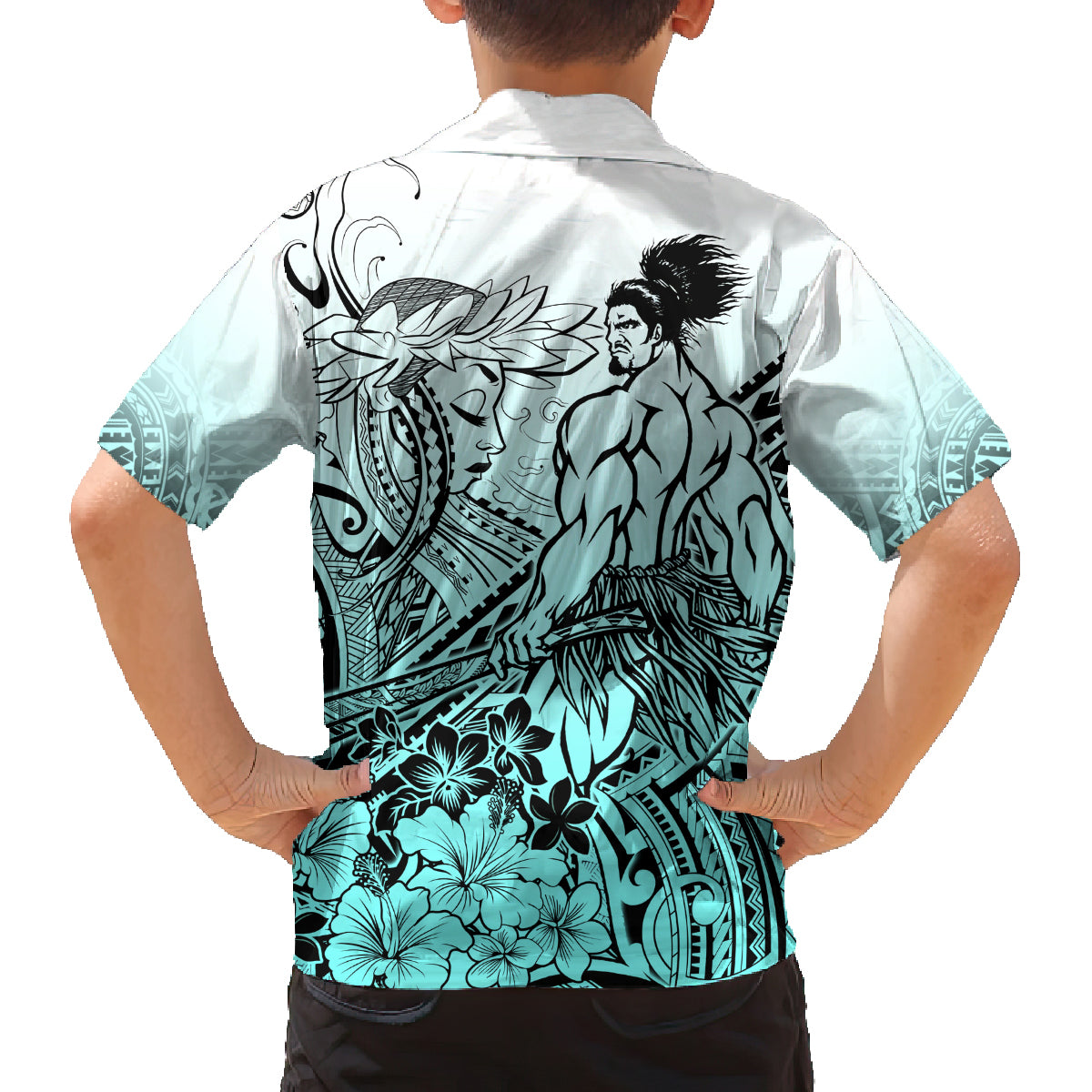 Beauty and The Warrior Polynesian Valentine Family Matching Off Shoulder Maxi Dress and Hawaiian Shirt Hibiscus FLowers Turquoise Style LT9 - Polynesian Pride