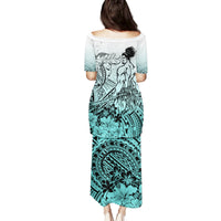 Beauty and The Warrior Polynesian Valentine Family Matching Puletasi Dress and Hawaiian Shirt Hibiscus FLowers Turquoise Style LT9 - Polynesian Pride
