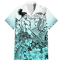 Beauty and The Warrior Polynesian Valentine Family Matching Short Sleeve Bodycon Dress and Hawaiian Shirt Hibiscus FLowers Turquoise Style LT9 Dad's Shirt - Short Sleeve Turquoise - Polynesian Pride