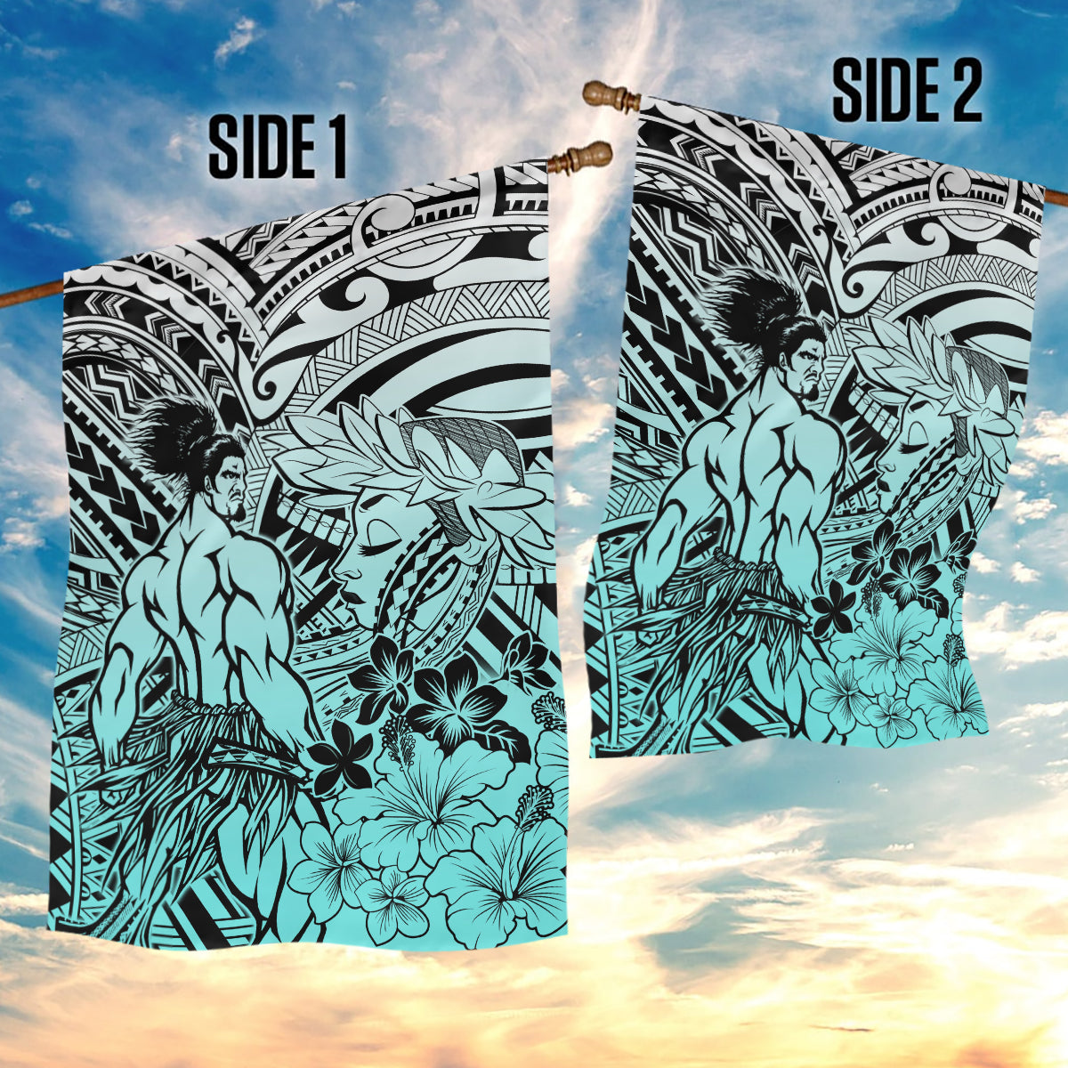 Beauty and The Warrior Polynesian Valentine Garden Flag Hibiscus FLowers Turquoise Style LT9 - Polynesian Pride