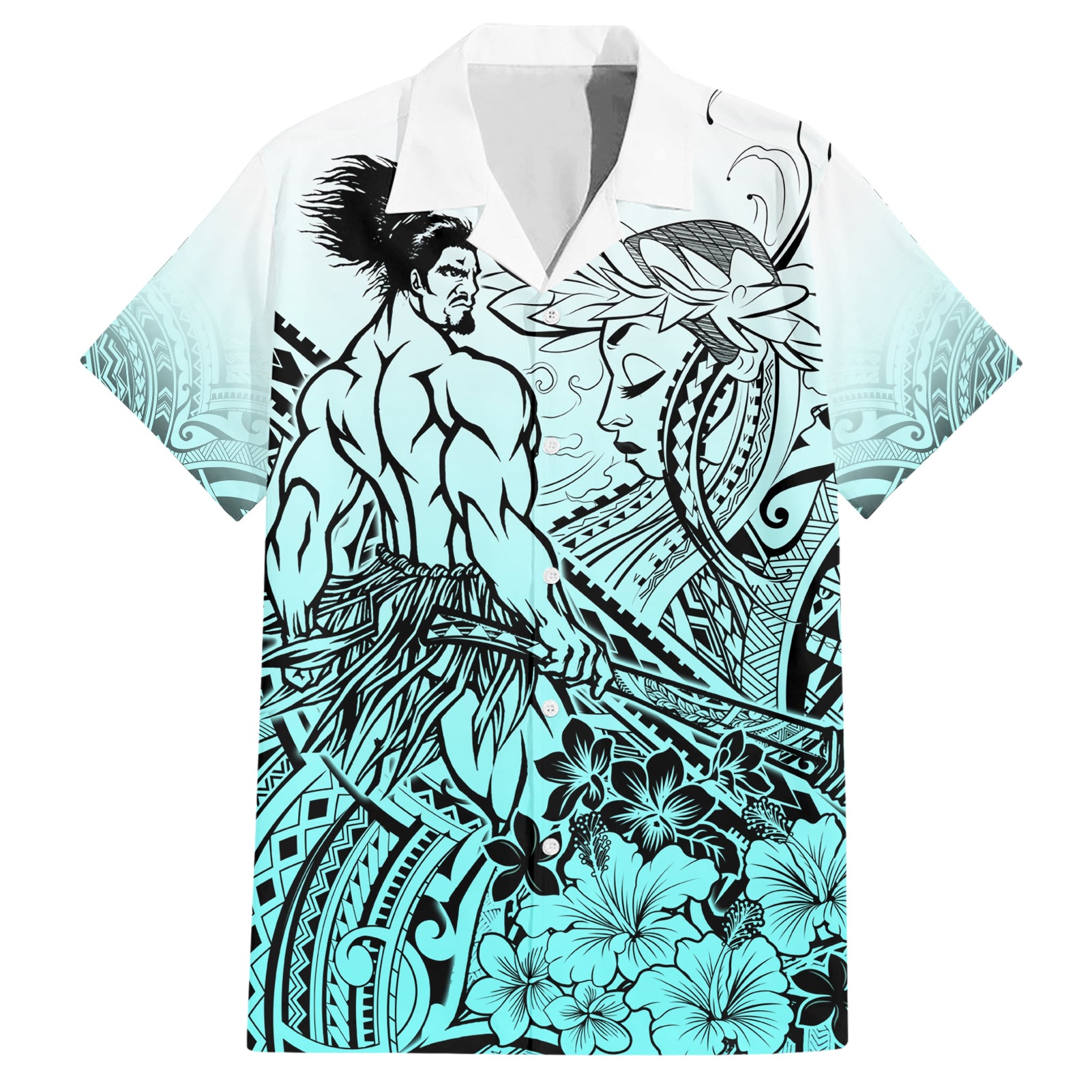 Beauty and The Warrior Polynesian Valentine Hawaiian Shirt Hibiscus FLowers Turquoise Style LT9 Turquoise - Polynesian Pride