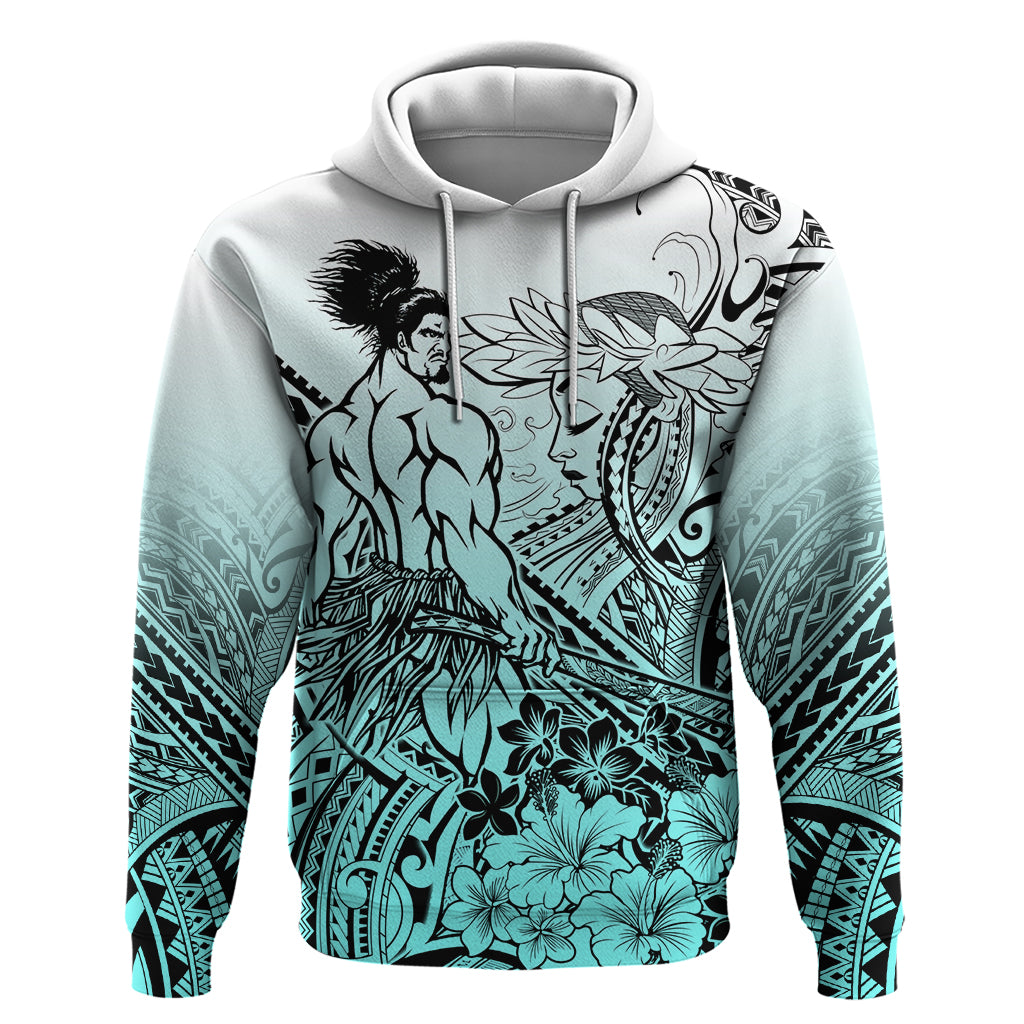 Beauty and The Warrior Polynesian Valentine Hoodie Hibiscus FLowers Turquoise Style LT9 Pullover Hoodie Turquoise - Polynesian Pride