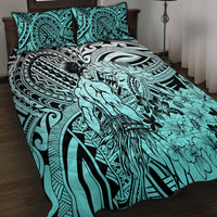 Beauty and The Warrior Polynesian Valentine Quilt Bed Set Hibiscus FLowers Turquoise Style LT9 - Polynesian Pride