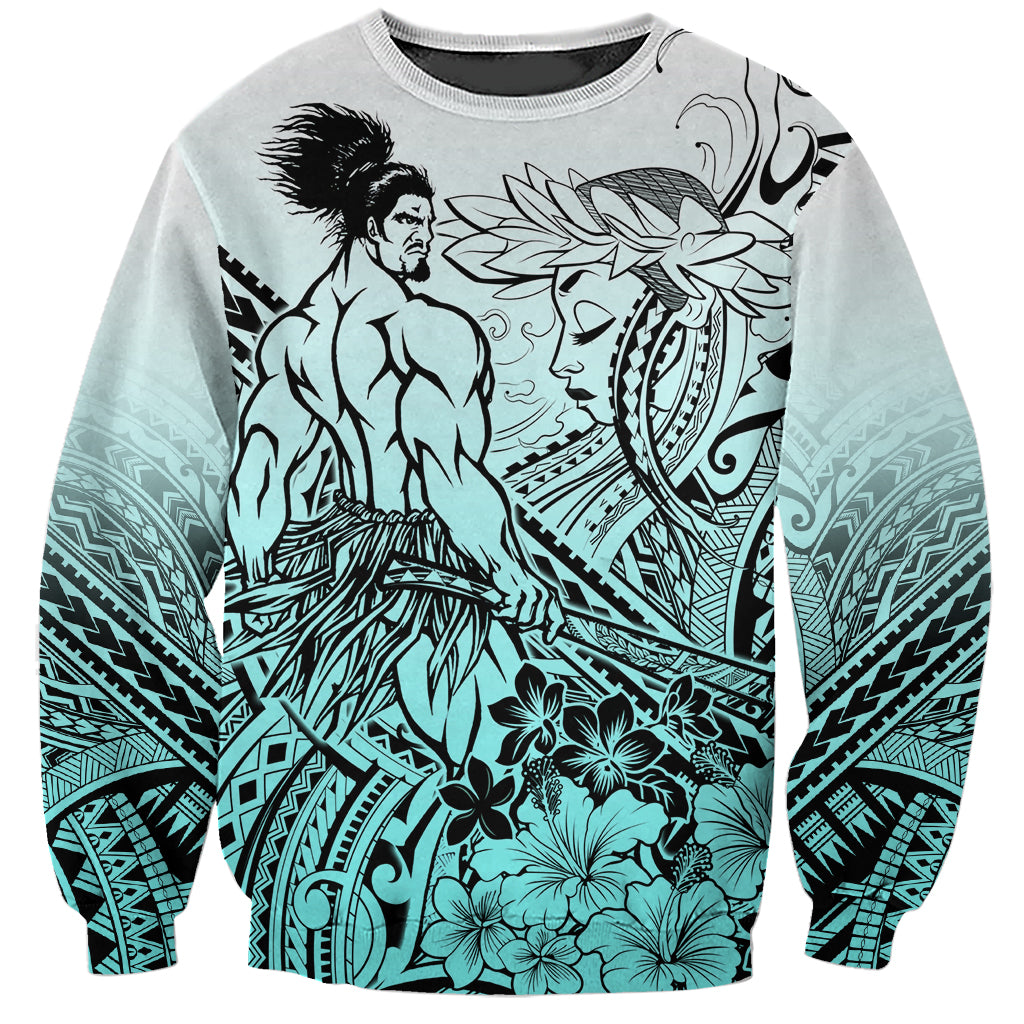 Beauty and The Warrior Polynesian Valentine Sweatshirt Hibiscus FLowers Turquoise Style LT9 Unisex Turquoise - Polynesian Pride