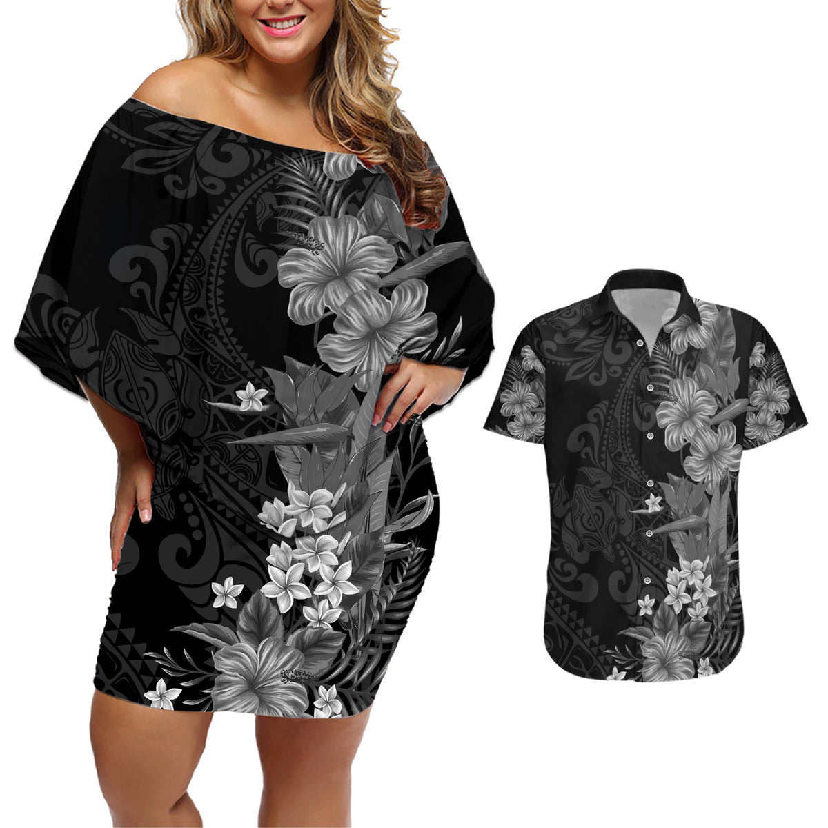 Hawaii Tropical Flowers Tribal Pattern Couples Matching Off Shoulder Short Dress and Hawaiian Shirt Black Style LT9 Black - Polynesian Pride