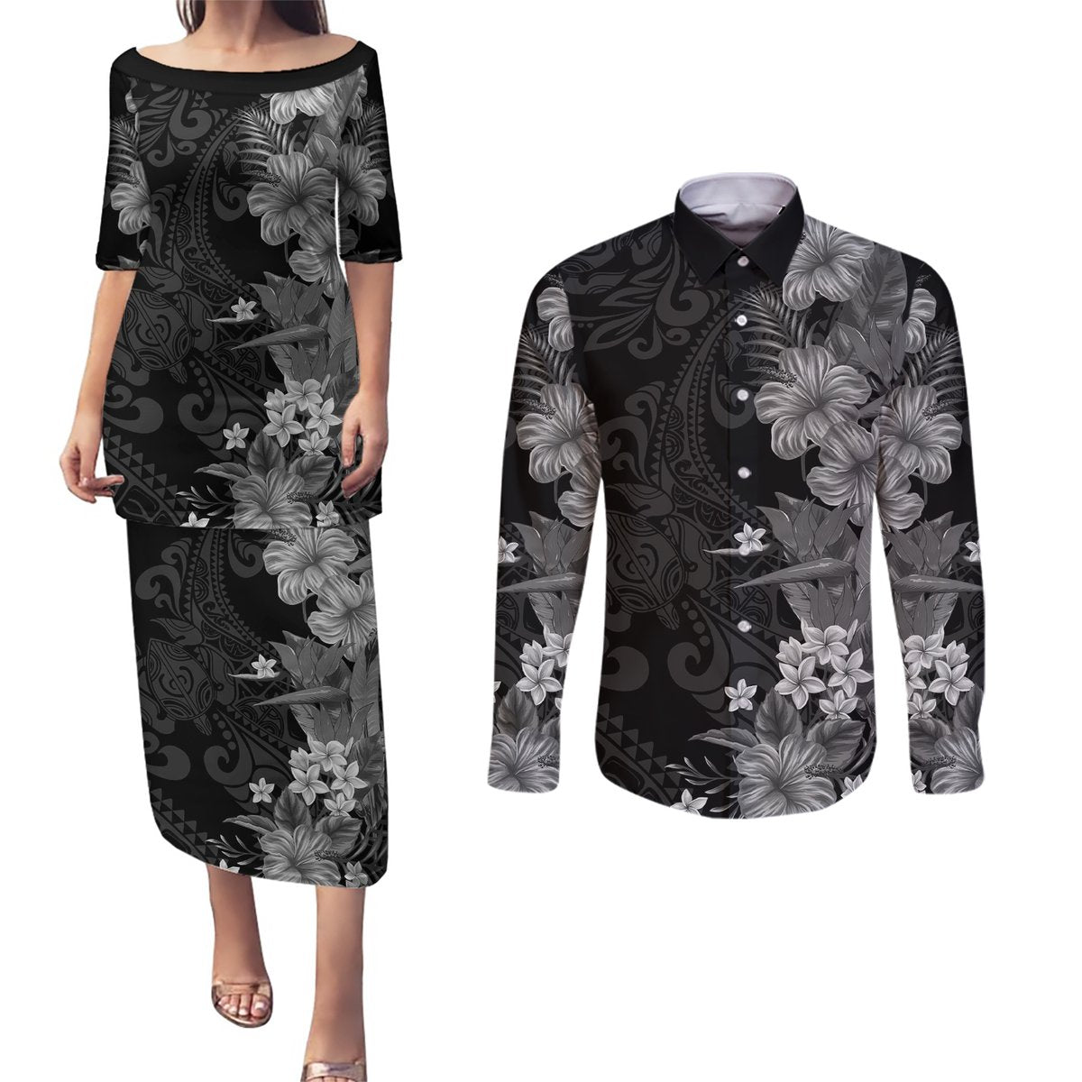 Hawaii Tropical Flowers Tribal Pattern Couples Matching Puletasi and Long Sleeve Button Shirt Black Style LT9 Black - Polynesian Pride