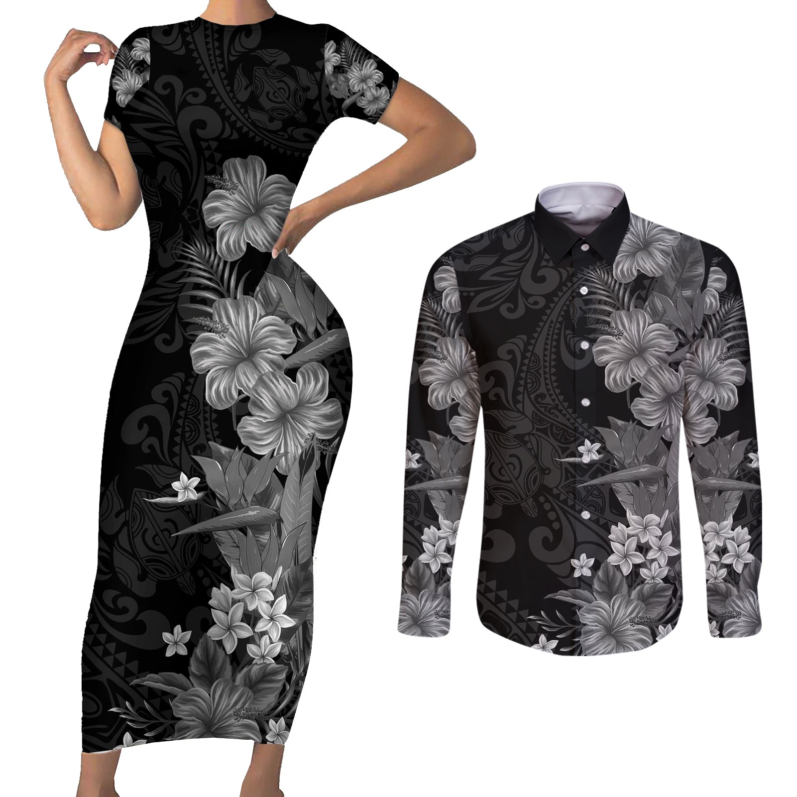 Hawaii Tropical Flowers Tribal Pattern Couples Matching Short Sleeve Bodycon Dress and Long Sleeve Button Shirt Black Style LT9 Black - Polynesian Pride