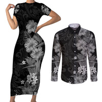 Hawaii Tropical Flowers Tribal Pattern Couples Matching Short Sleeve Bodycon Dress and Long Sleeve Button Shirt Black Style LT9 Black - Polynesian Pride
