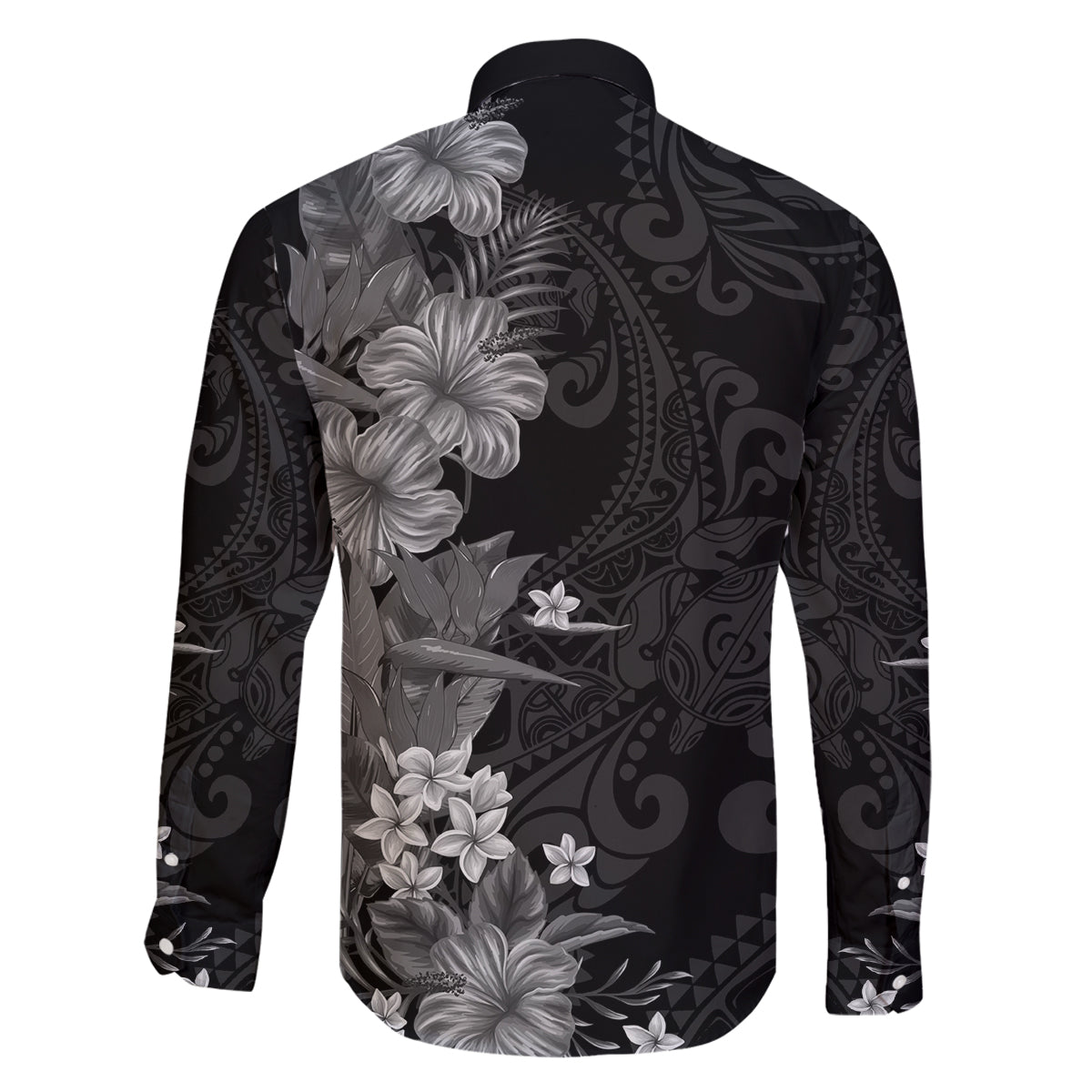 Hawaii Tropical Flowers Tribal Pattern Family Matching Off Shoulder Short Dress and Hawaiian Shirt Black Style LT9 - Polynesian Pride